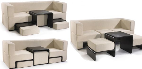 A modular sofa designed by Matthew Pauk - a sofa, two padded seats and a coffee table all within the one piece! Can be easily packed away when not in use